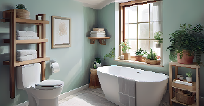 A small modern bathroom with floating shelves above the toilet, displaying towels and plants, illuminated by natural light.