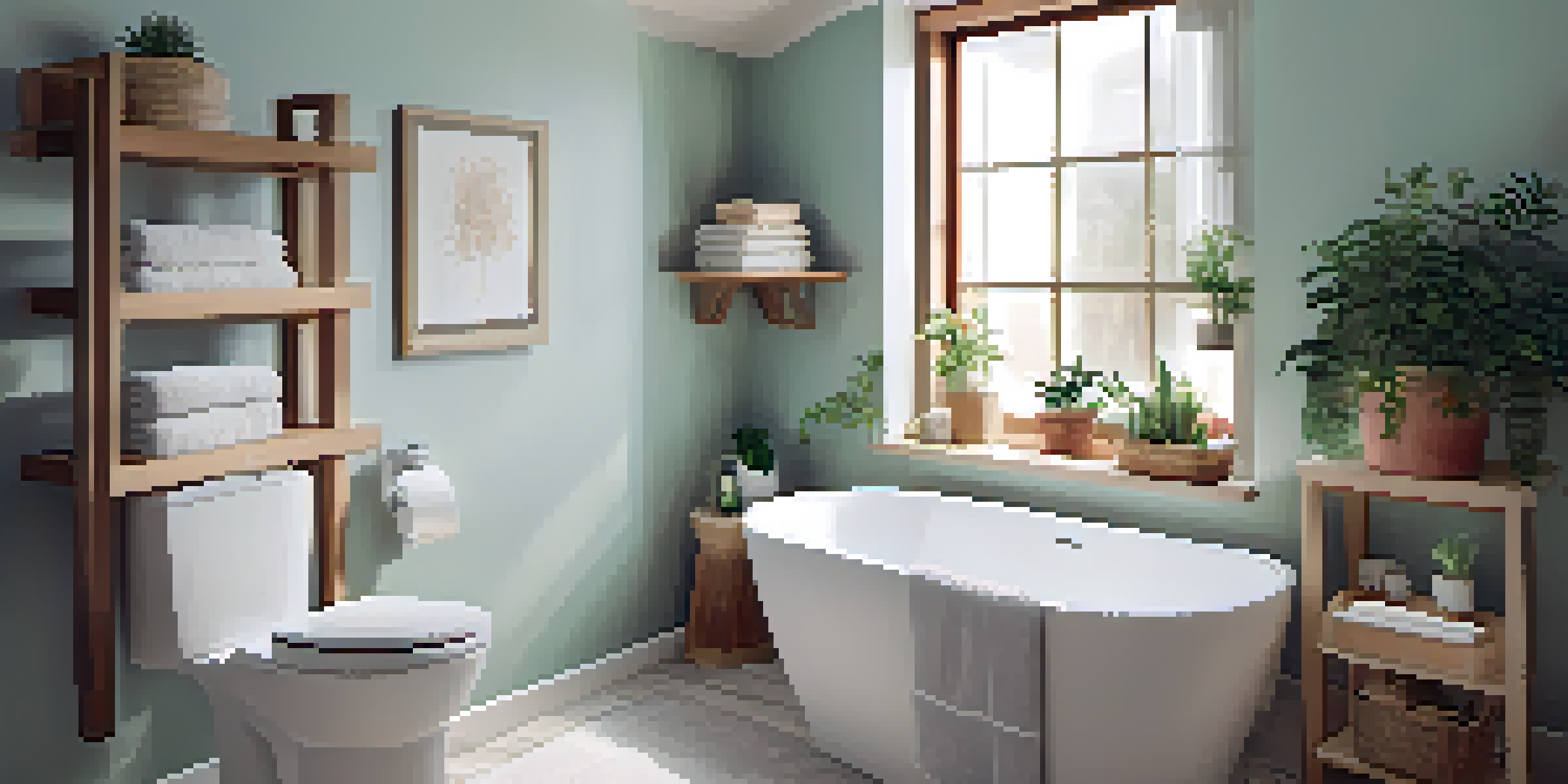 A small modern bathroom with floating shelves above the toilet, displaying towels and plants, illuminated by natural light.