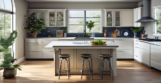 A bright modern kitchen featuring stainless steel appliances and a warranty brochure on the countertop, with sunlight filtering through the window.