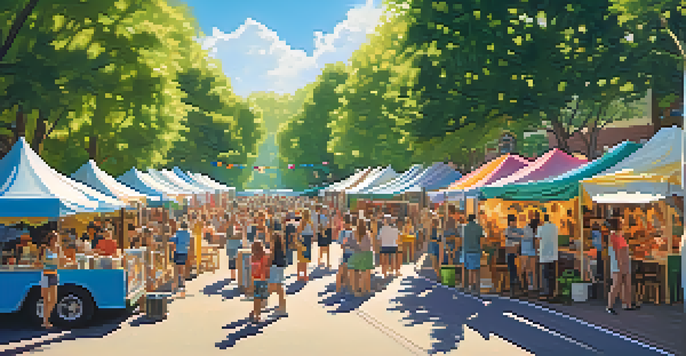 A lively arts festival in a colorful neighborhood with tents, artwork, and performers, surrounded by greenery and a bright sky.