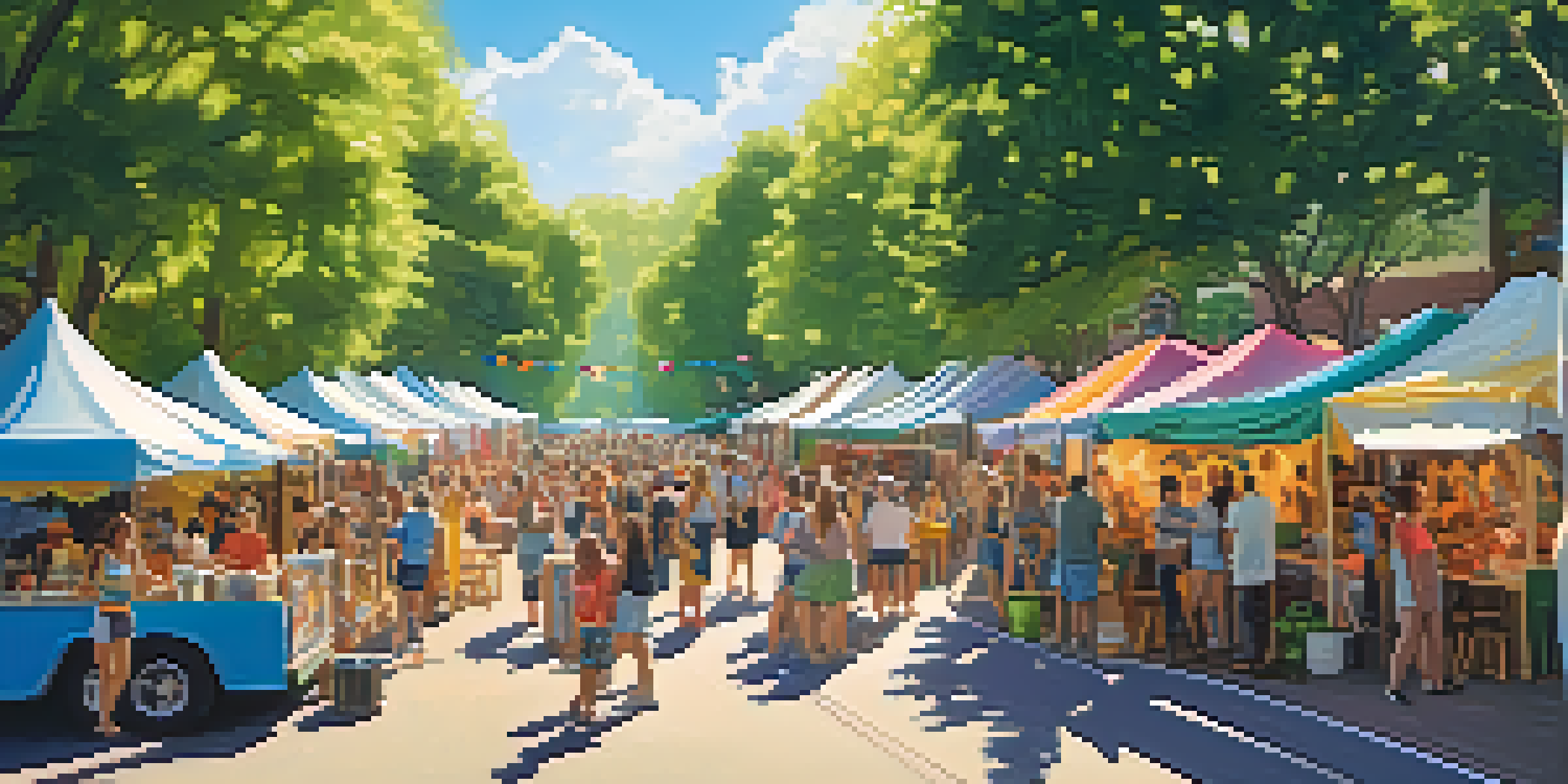 A lively arts festival in a colorful neighborhood with tents, artwork, and performers, surrounded by greenery and a bright sky.