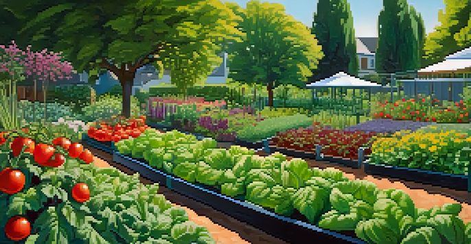 A colorful vegetable garden filled with various plants, flowers, and sunlight casting shadows on the soil.