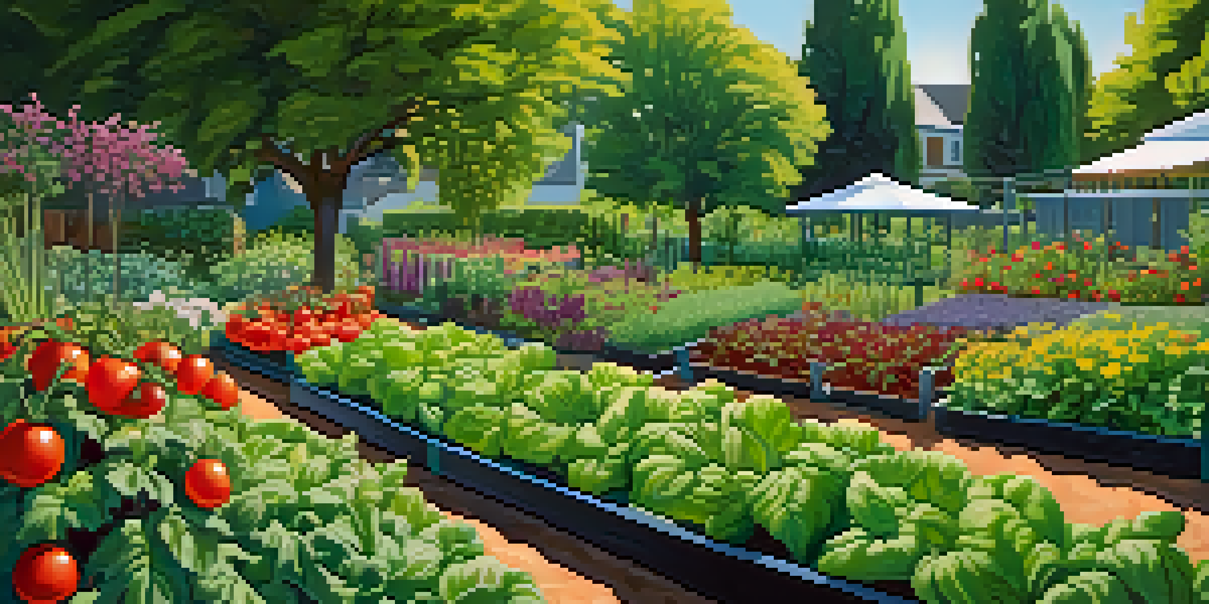 A colorful vegetable garden filled with various plants, flowers, and sunlight casting shadows on the soil.