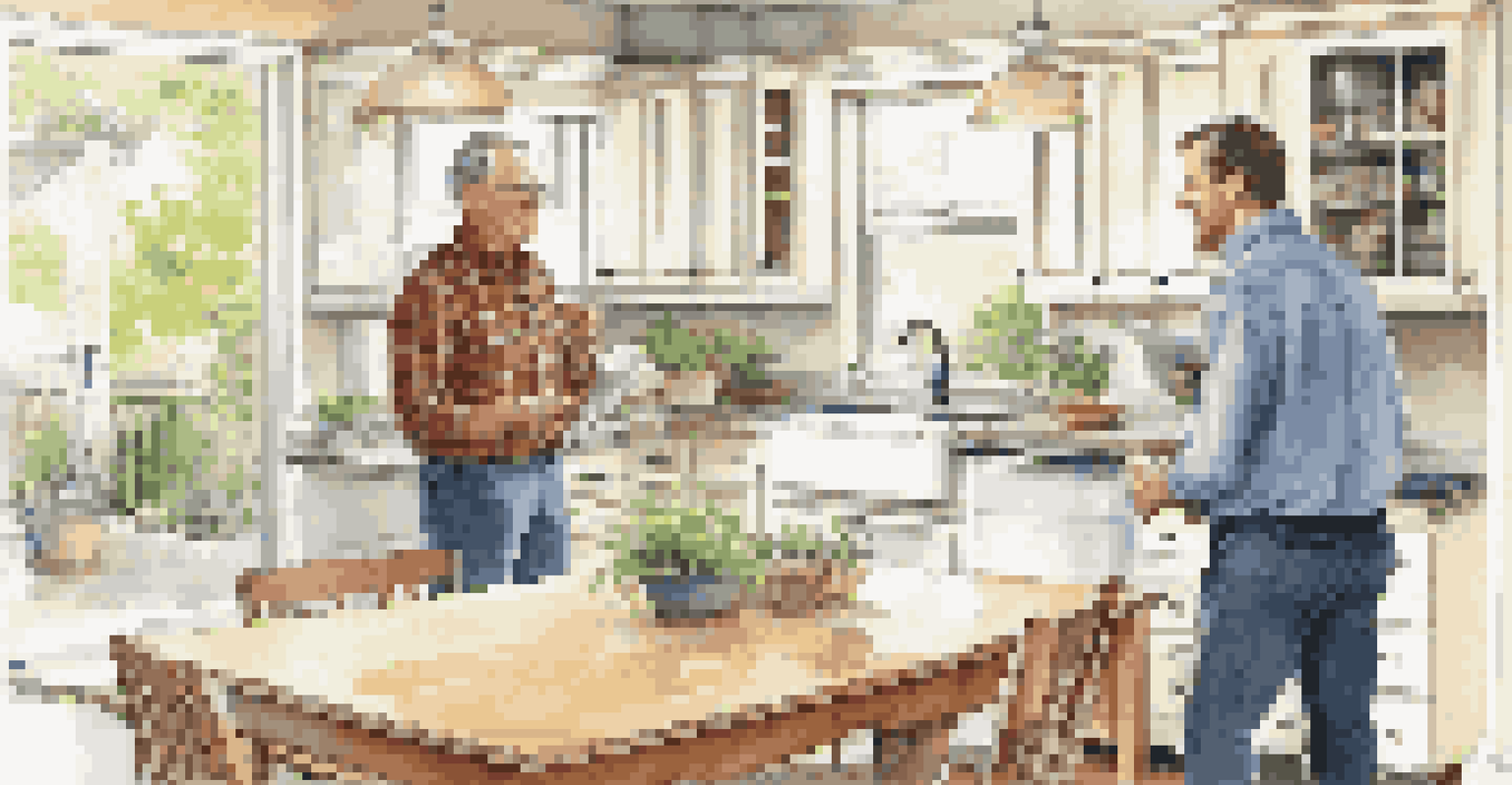 A contractor and homeowner discussing energy-efficient upgrades in a bright kitchen filled with energy-efficient appliances and natural light.