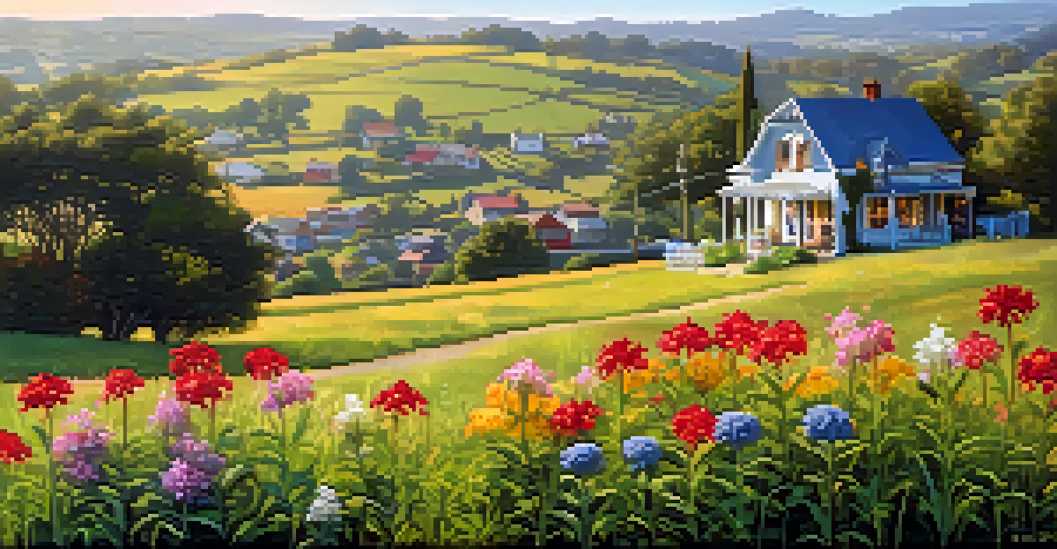 Close-up of a 'For Sale' sign in front of a rural property with rolling hills and a distant city skyline.