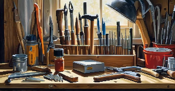 A close-up view of a toolbox filled with various hand tools on a wooden workbench, illuminated by natural light.
