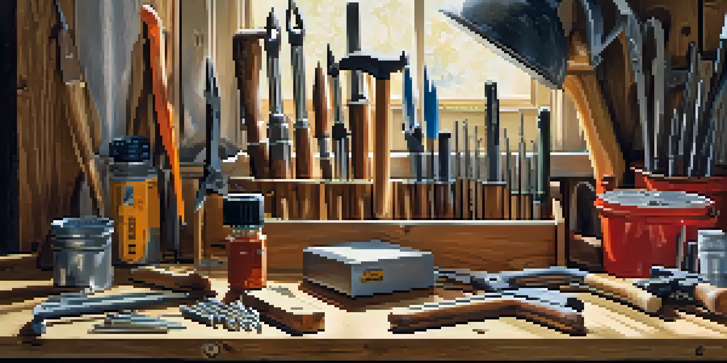 A close-up view of a toolbox filled with various hand tools on a wooden workbench, illuminated by natural light.