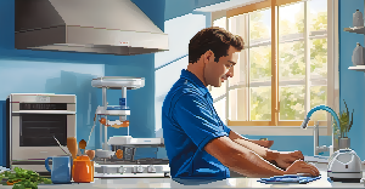 A technician in a blue uniform inspecting a home appliance in a bright modern kitchen.