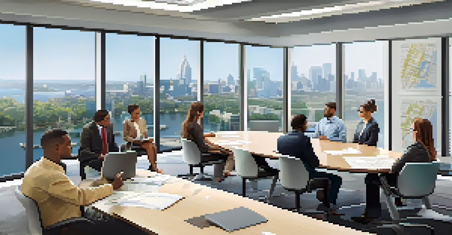 A group of people in a conference room discussing urban planning with zoning maps visible on a presentation board.
