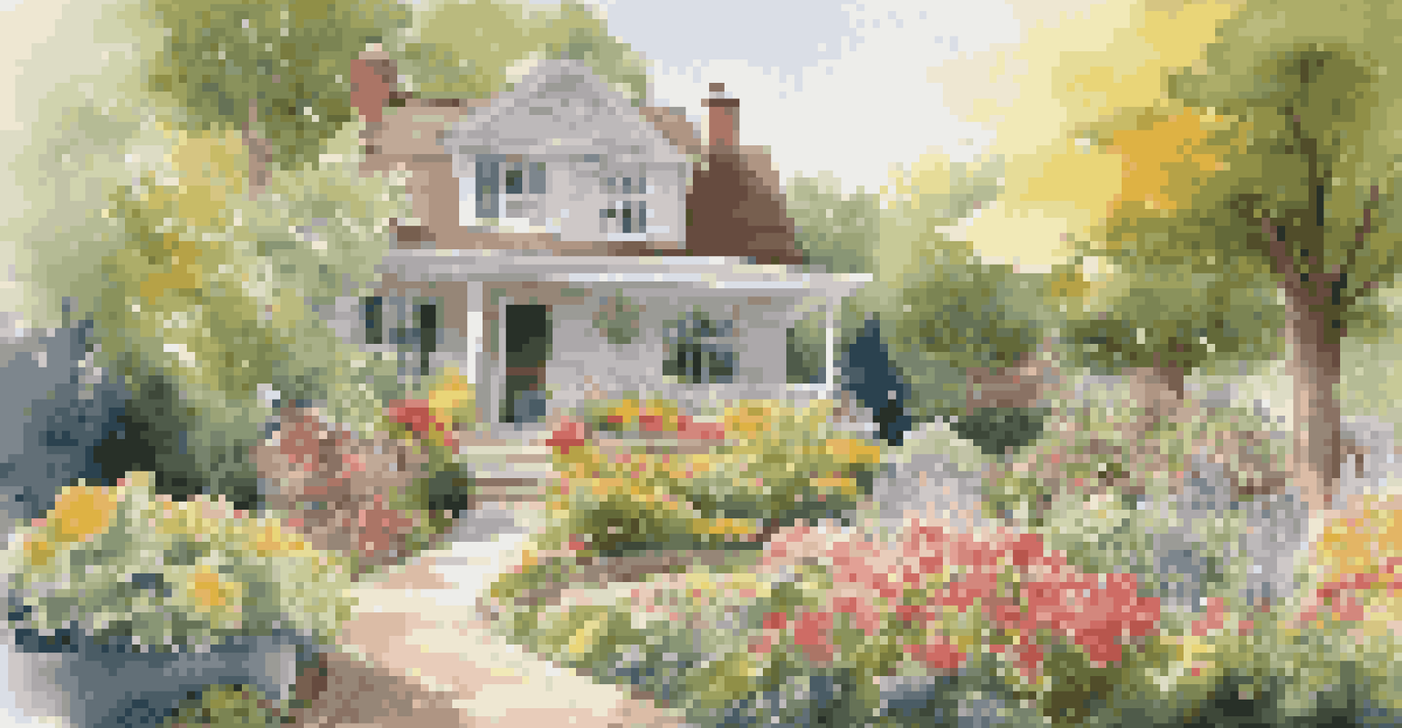 A garden transformation scene with a homeowner planting vibrant flowers, surrounded by gardening tools and sunlight filtering through trees.