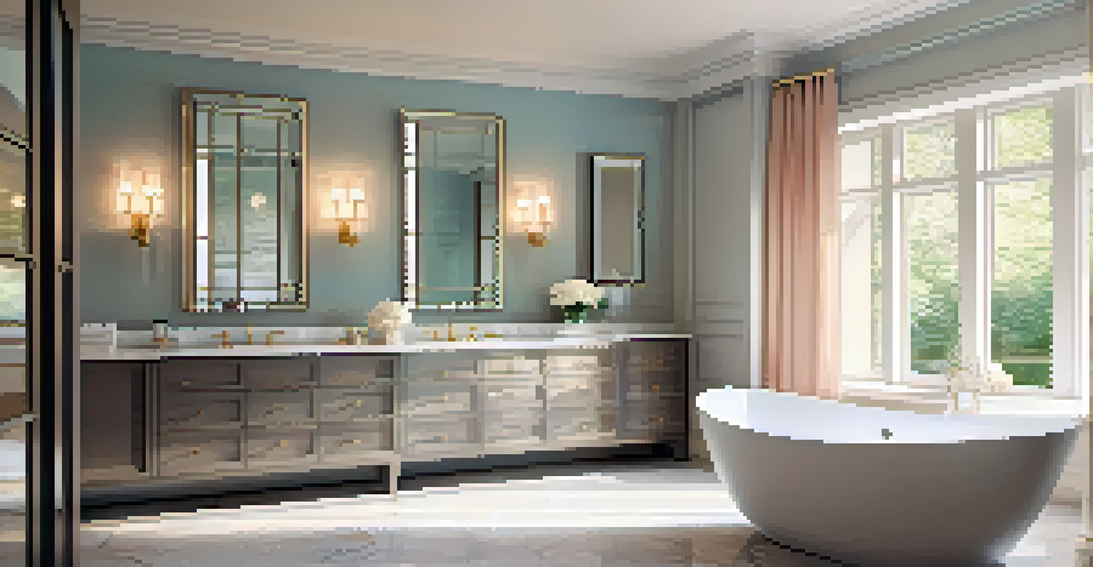 A stylish bathroom featuring a double vanity, a soaking tub, and soft pastel wall colors with natural light.