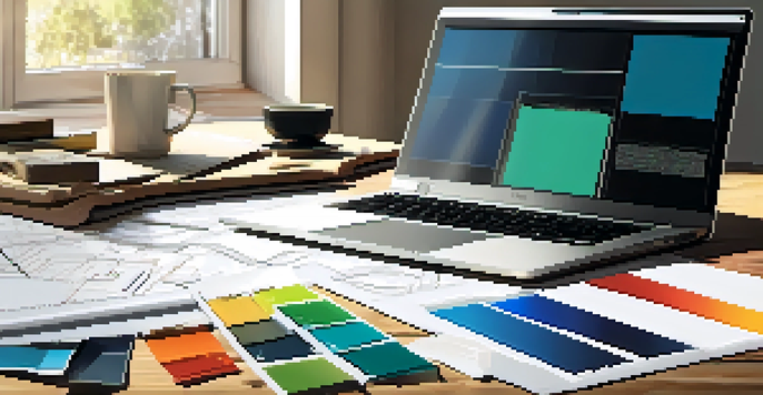 A home renovation workspace with blueprints, a laptop, color swatches, measuring tape, and a cup of coffee, illuminated by sunlight.