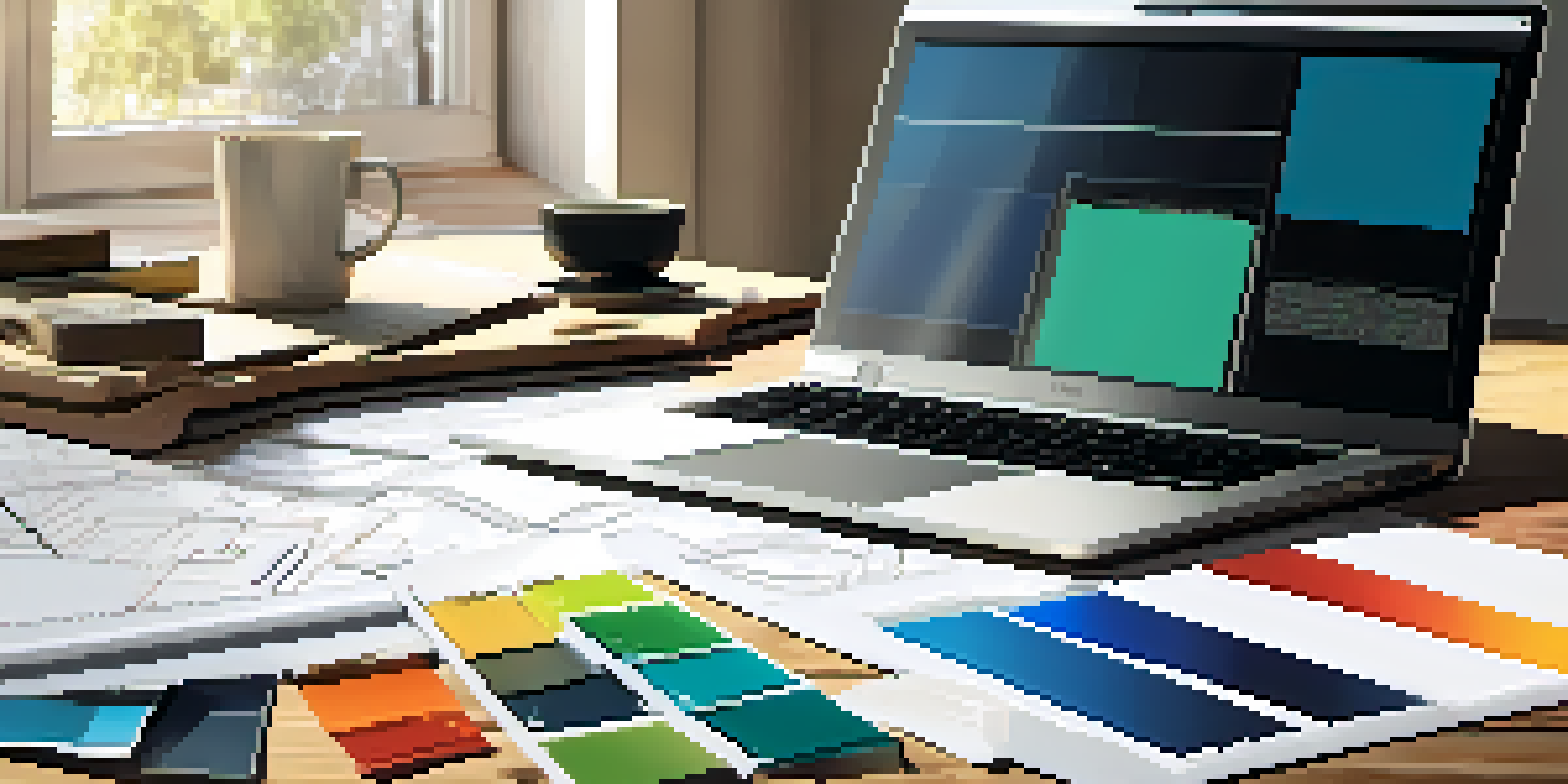 A home renovation workspace with blueprints, a laptop, color swatches, measuring tape, and a cup of coffee, illuminated by sunlight.