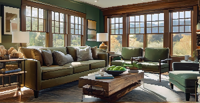 A cozy living room with a luxurious sofa, reclaimed wood coffee table, and granite countertops, illuminated by natural light.
