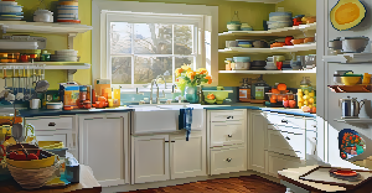 A bright kitchen with organized caddies filled with cleaning supplies and utensils, featuring a clean countertop and a bowl of fresh fruit.