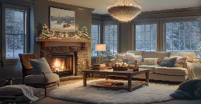 A cozy living room with a fireplace, warm lighting, and winter decorations, while snow falls outside the window.