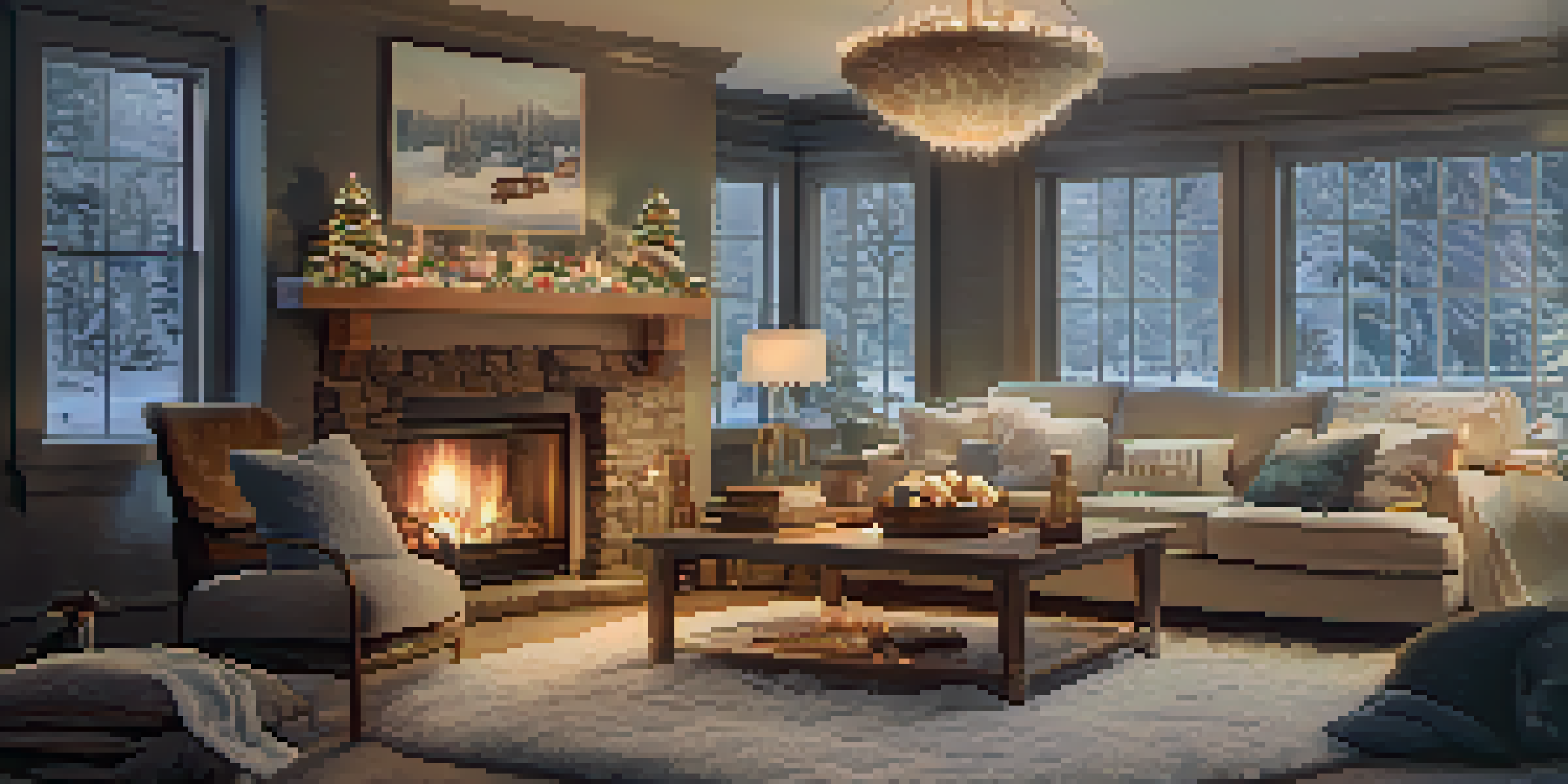 A cozy living room with a fireplace, warm lighting, and winter decorations, while snow falls outside the window.