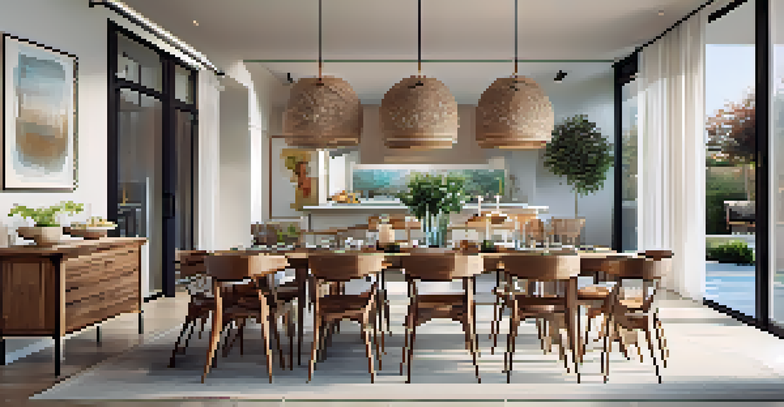 A charming dining area in an open concept home with a wooden table, chairs, and elegant lighting.