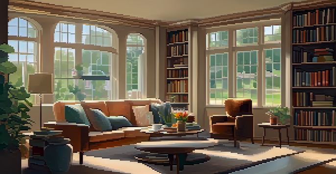 A cozy living room with warm colors, ambient lighting, plush furniture, and a view of a garden through a large window.