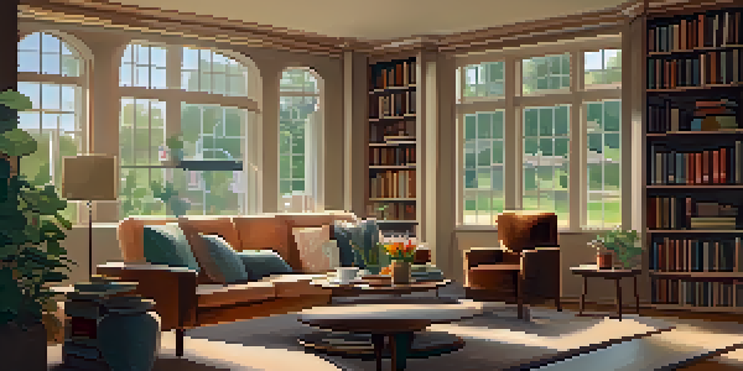A cozy living room with warm colors, ambient lighting, plush furniture, and a view of a garden through a large window.