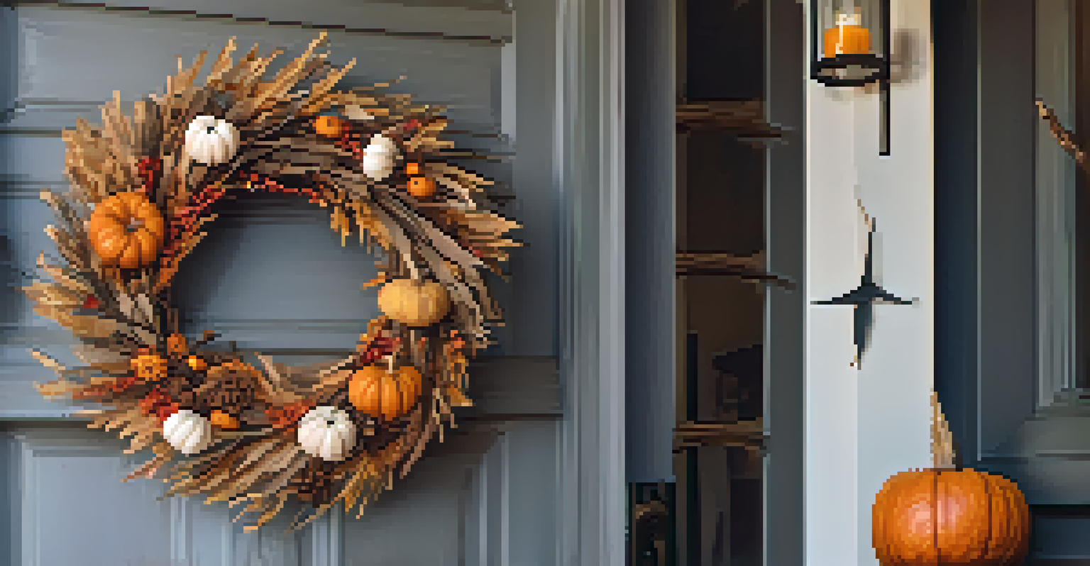 A beautiful DIY autumn wreath made of twigs and leaves, hanging on a wooden door with a lantern beside it.