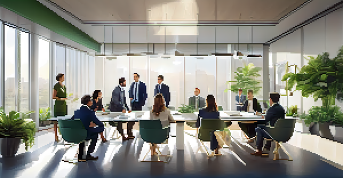 A diverse group of professionals engaged in a calm negotiation in a modern office environment with sunlight streaming through windows.