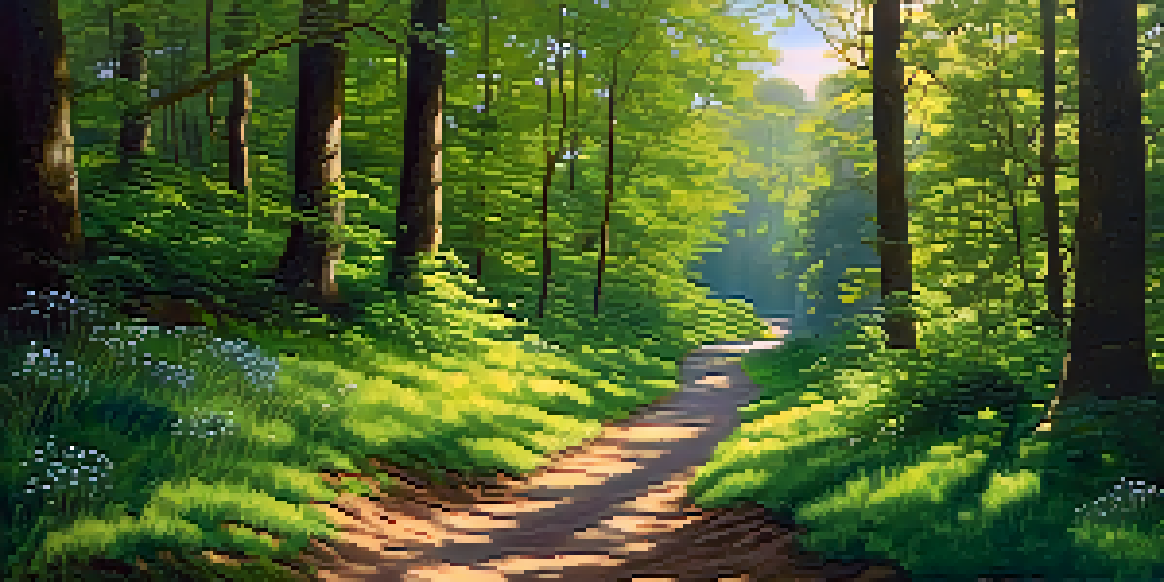 A winding path in a lush green forest with sunlight filtering through the leaves and vibrant wildflowers along the way.