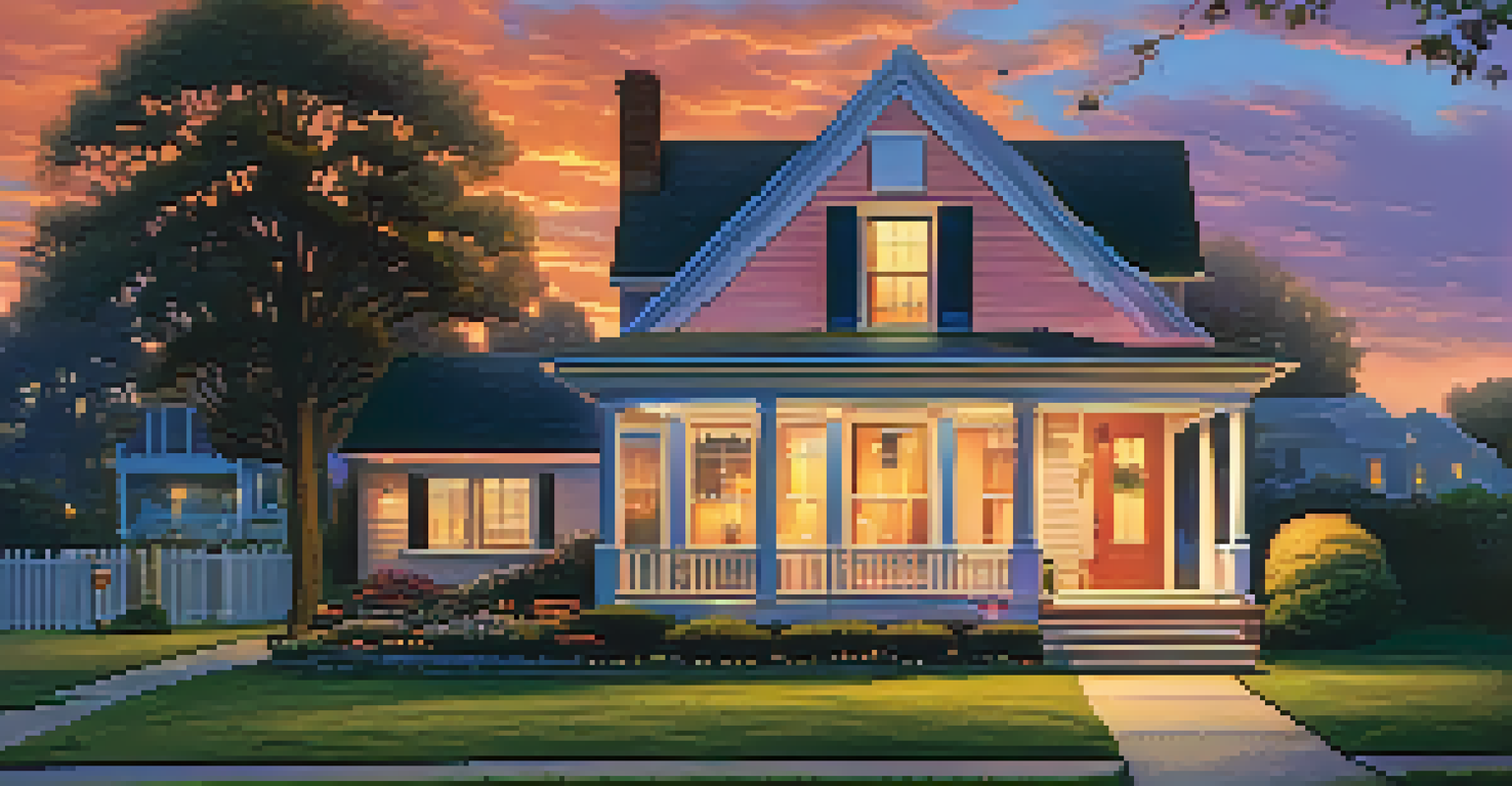 A cozy family home for sale with a sunset background, including a 'For Sale' sign and warm lights glowing from the windows.