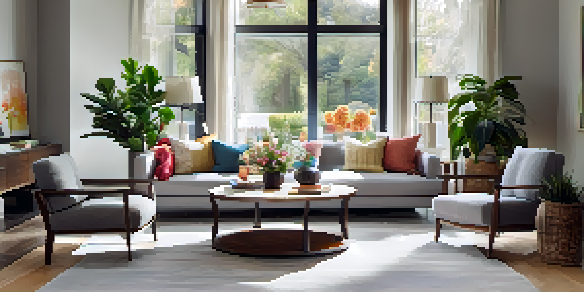 A cozy living room with a light gray sofa, accent chairs, and potted plants, beautifully arranged to invite conversation and natural light.
