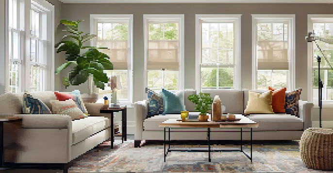 A cozy living room with a neutral color palette, featuring a plush sectional sofa, colorful throw pillows, and large windows allowing natural light.