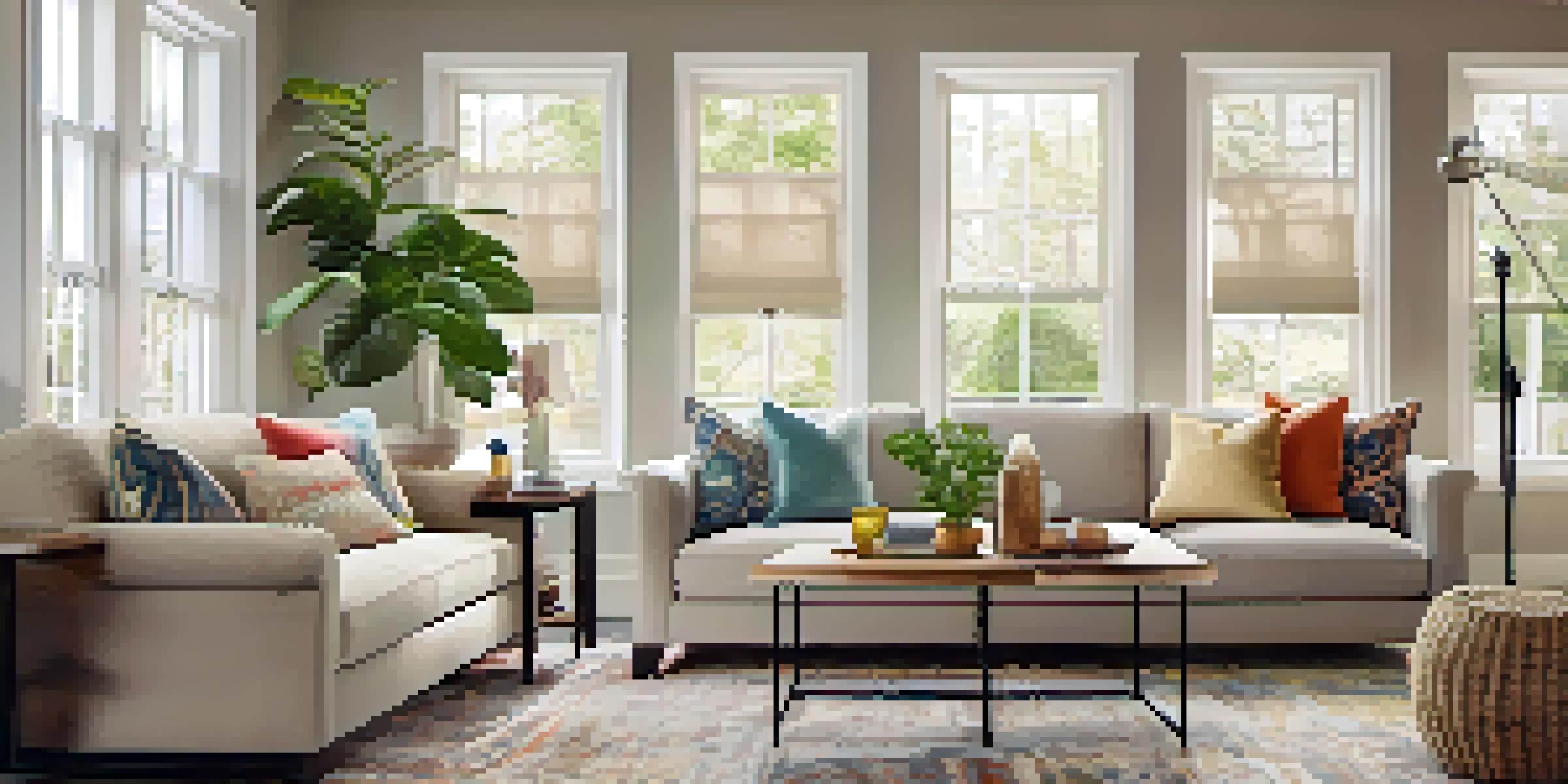 A cozy living room with a neutral color palette, featuring a plush sectional sofa, colorful throw pillows, and large windows allowing natural light.