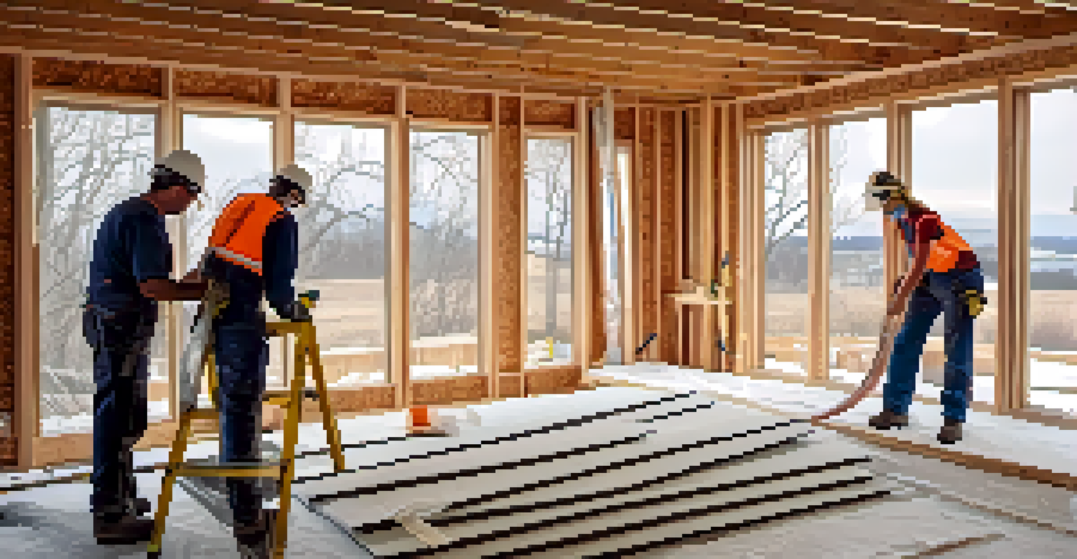 Workers installing sustainable insulation in a well-lit home interior.