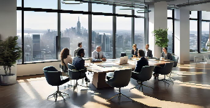 A diverse group of investors in a modern office discussing real estate opportunities, with a view of the city skyline.