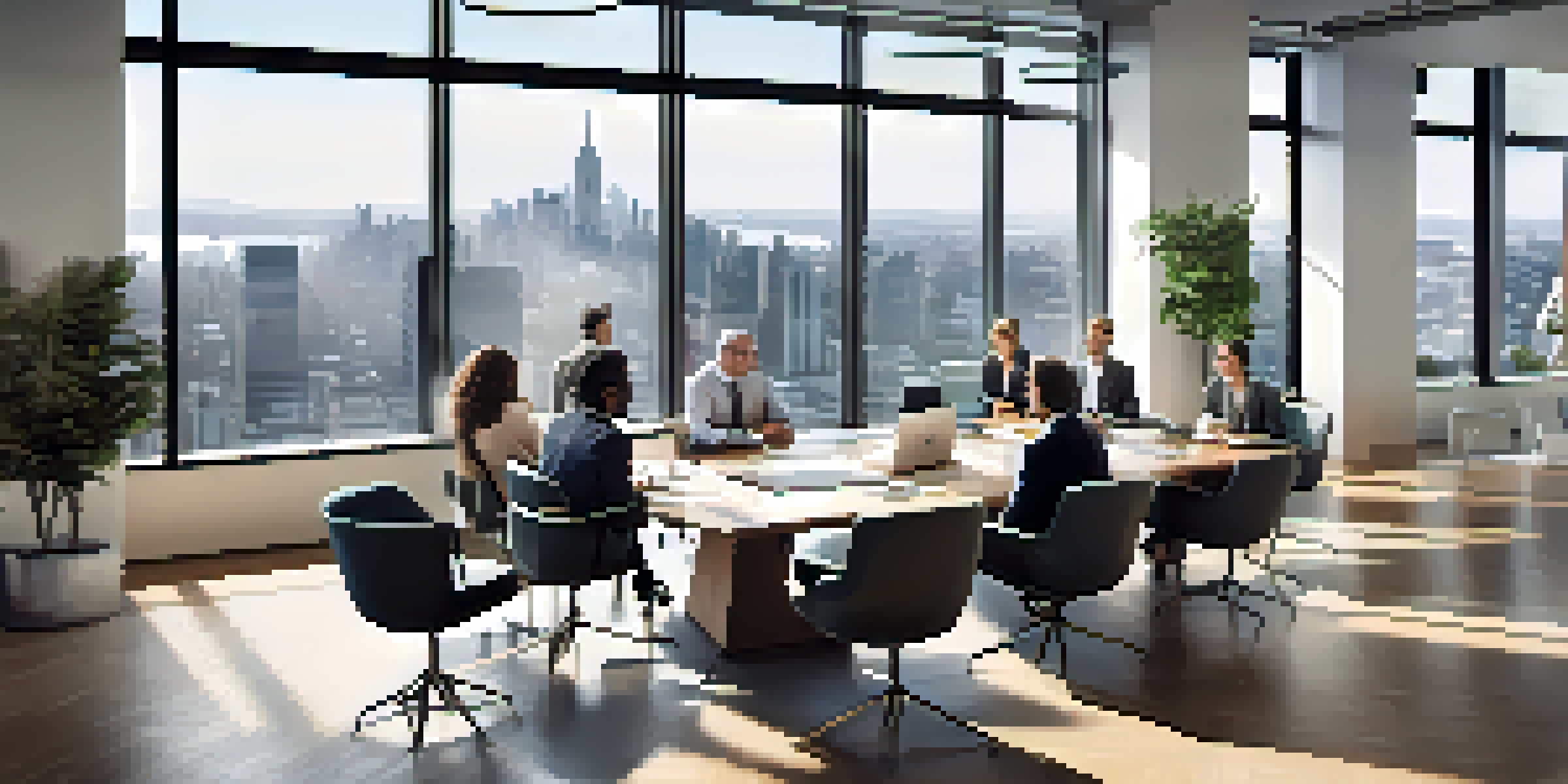A diverse group of investors in a modern office discussing real estate opportunities, with a view of the city skyline.