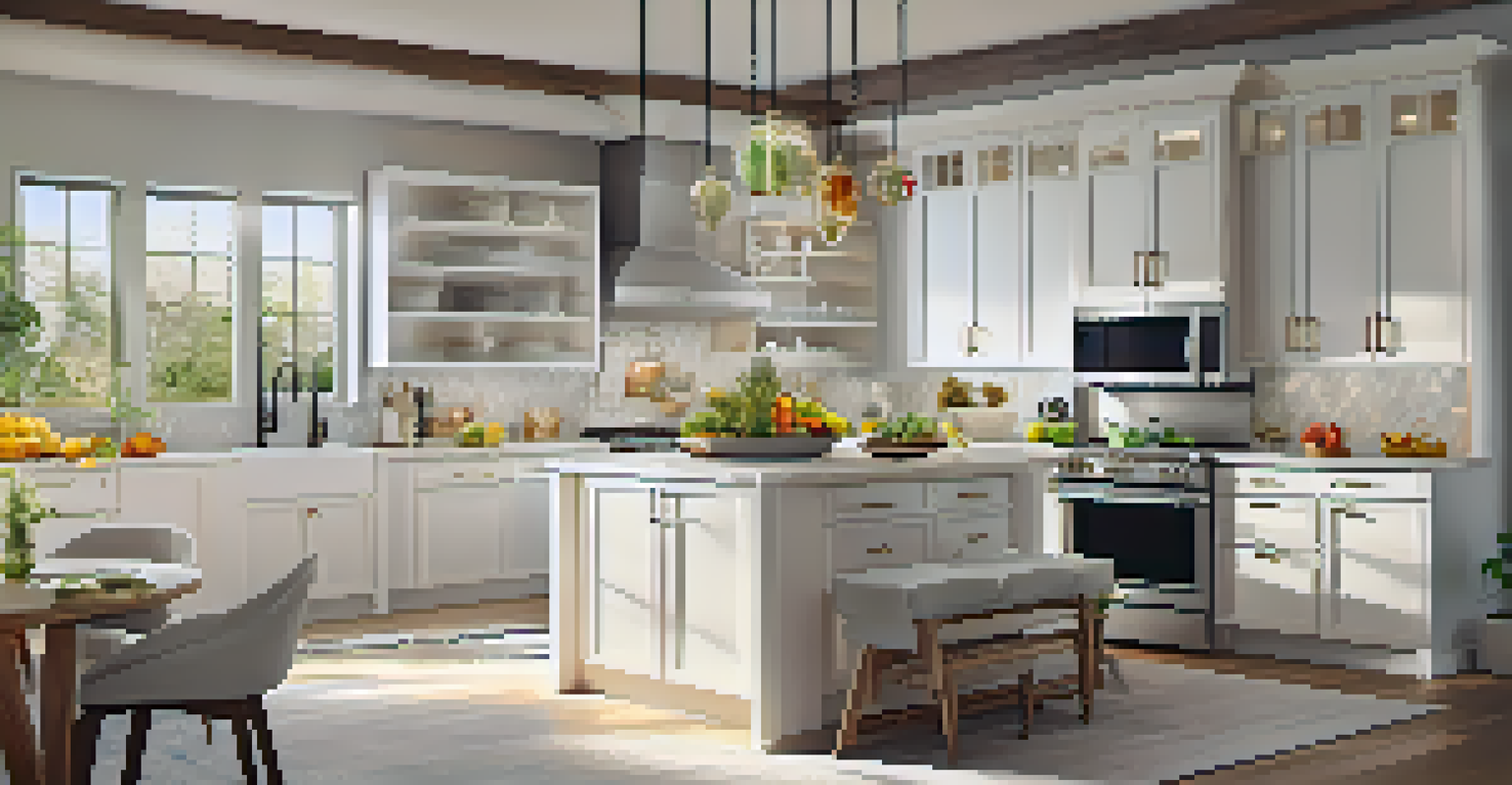 An inviting kitchen with modern appliances, a kitchen island with fruits, and sunlight streaming through the window.