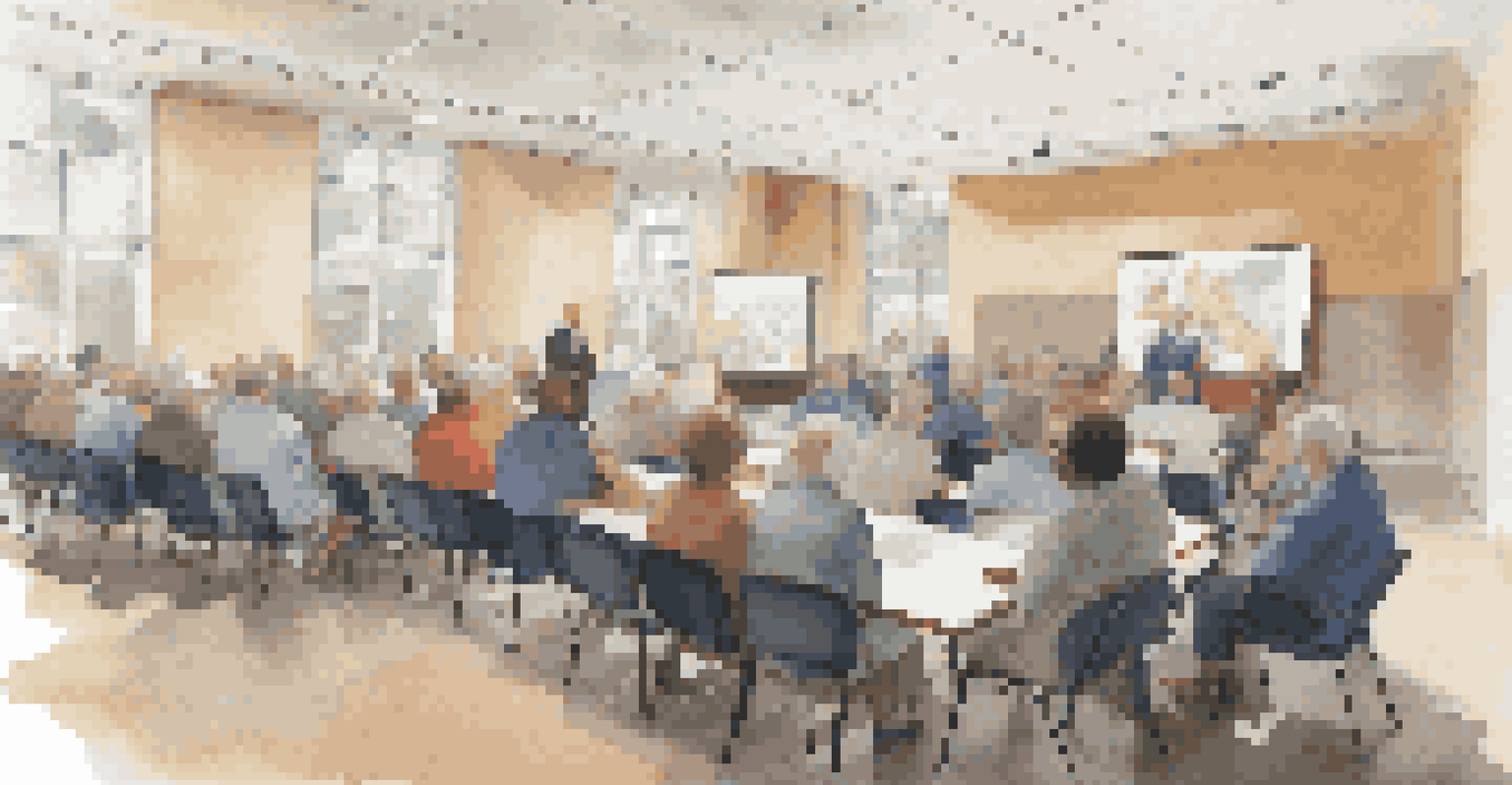 Residents participating in a community meeting in a town hall discussing zoning laws.
