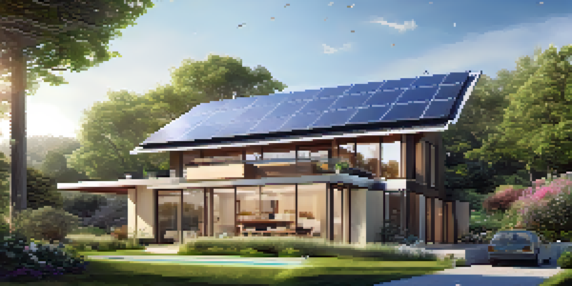 A modern eco-friendly house with large windows and solar panels, surrounded by gardens and trees under a blue sky.