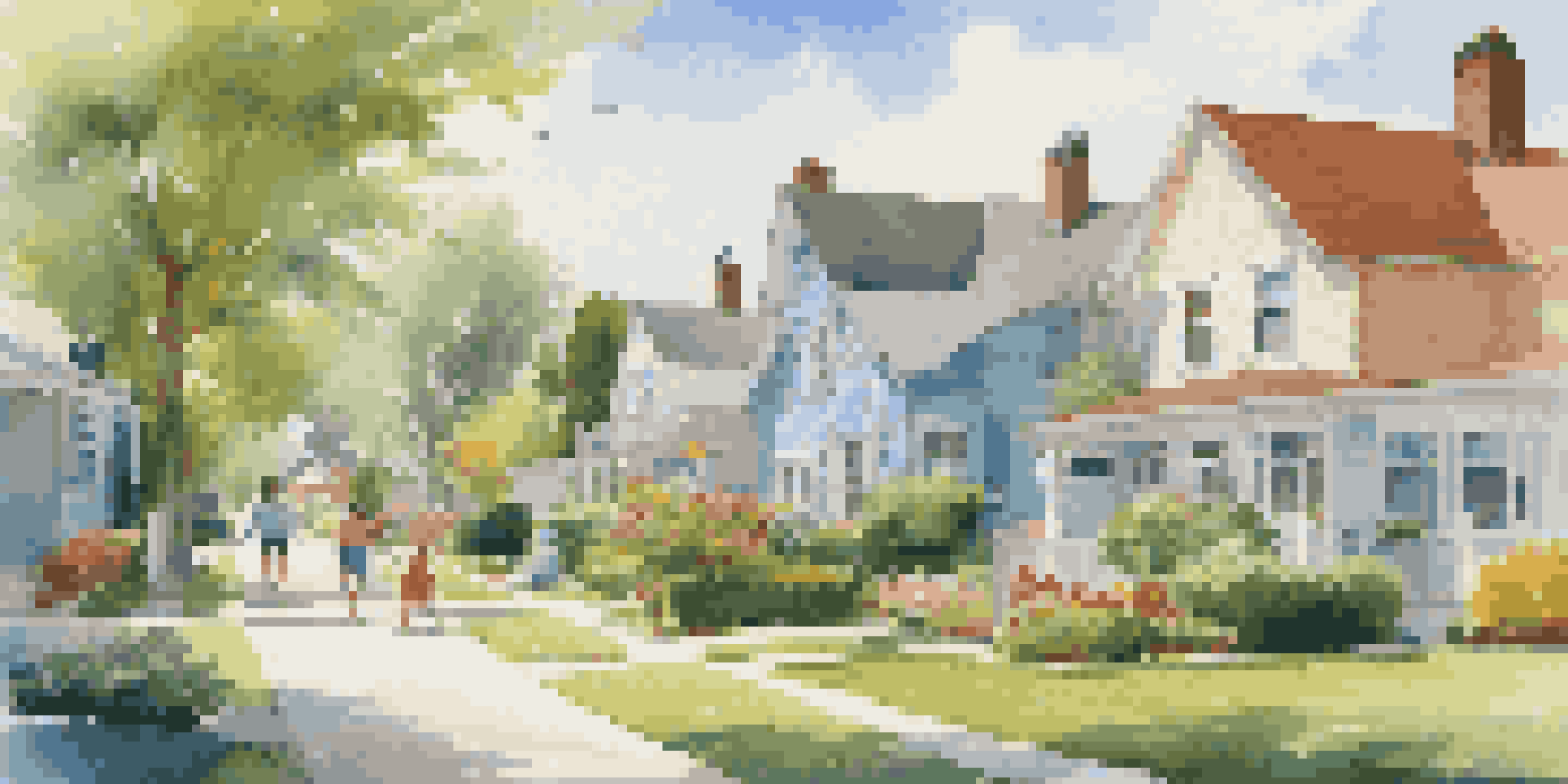 A sunny suburban neighborhood with houses, gardens, and children playing.