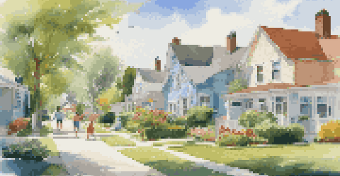 A sunny suburban neighborhood with houses, gardens, and children playing.