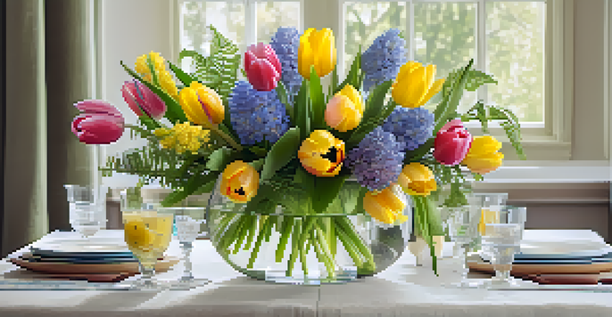 A glass vase filled with colorful spring flowers and greenery on a sunlit table.