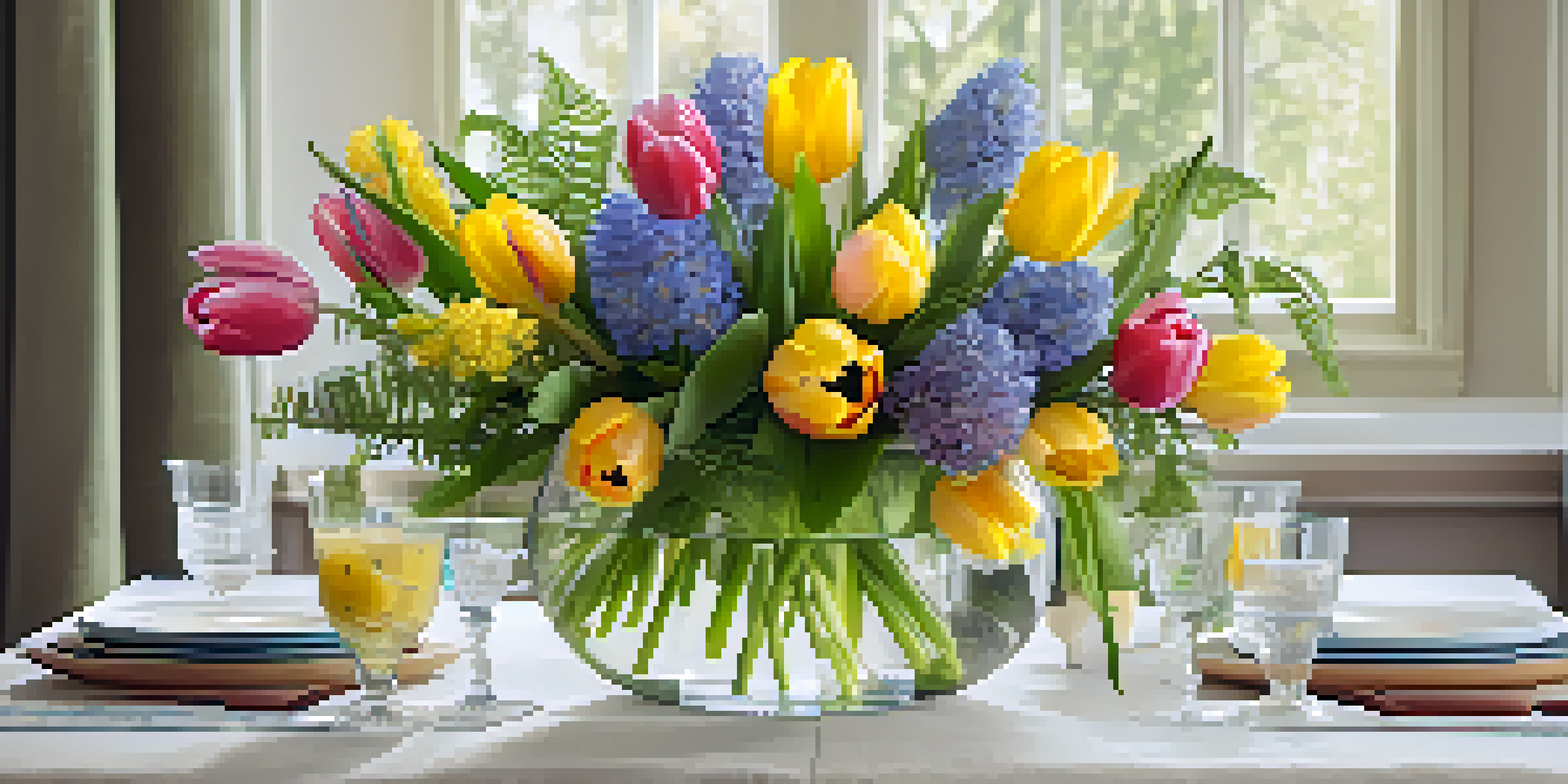 A glass vase filled with colorful spring flowers and greenery on a sunlit table.