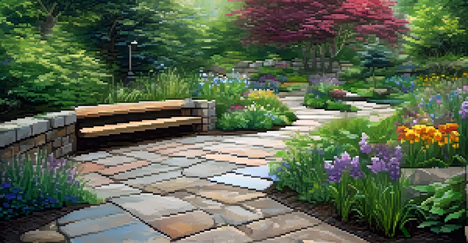 A landscaped garden with repurposed brick pathways, colorful flowers, and a pond.