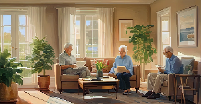 A senior couple sitting on a sofa in a warm living room, reviewing financial documents together.