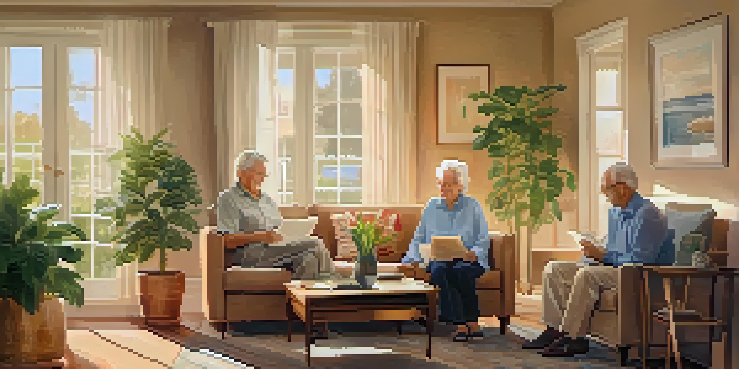 A senior couple sitting on a sofa in a warm living room, reviewing financial documents together.