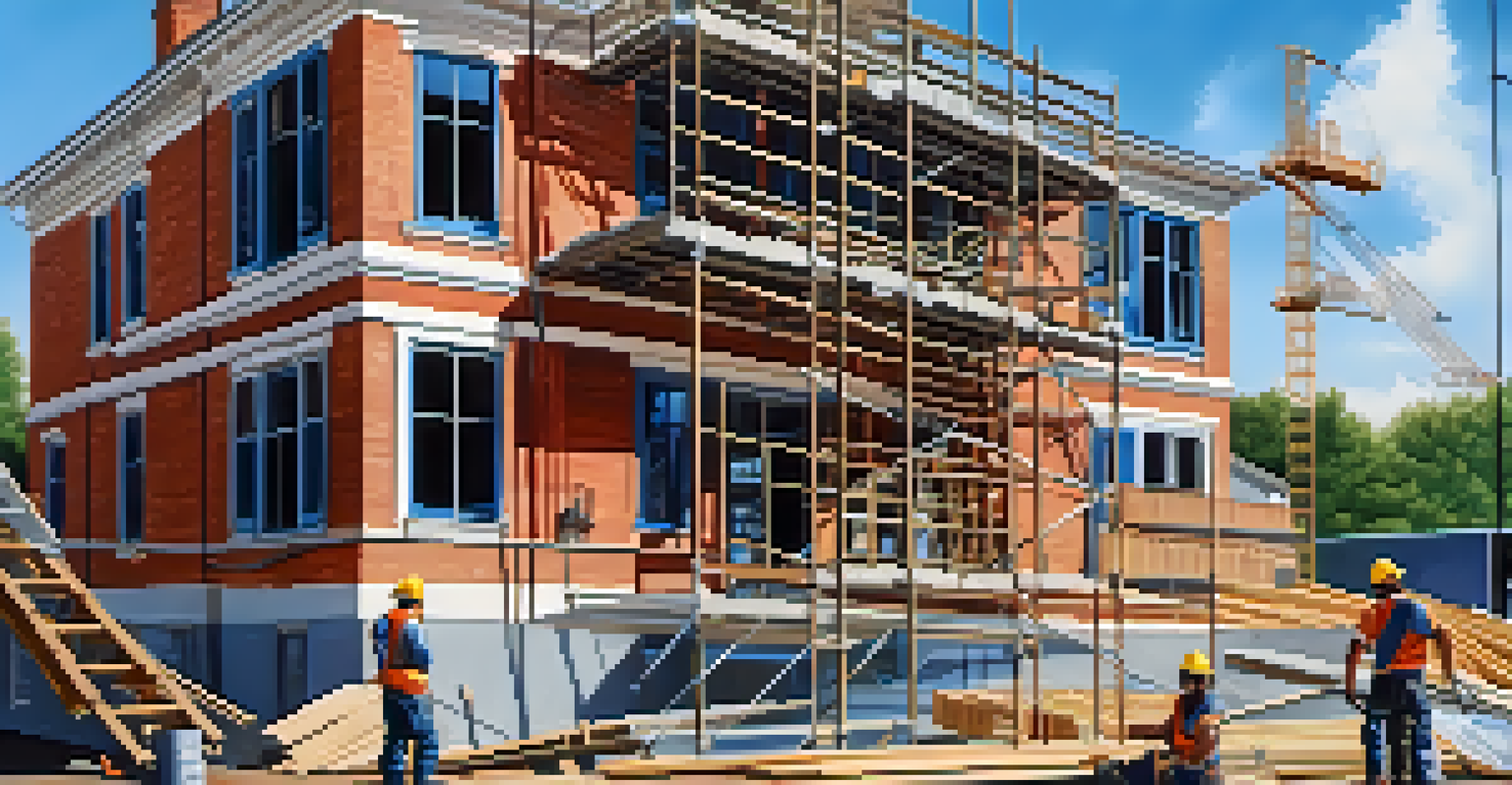 A house renovation scene with scaffolding and construction workers under a blue sky.