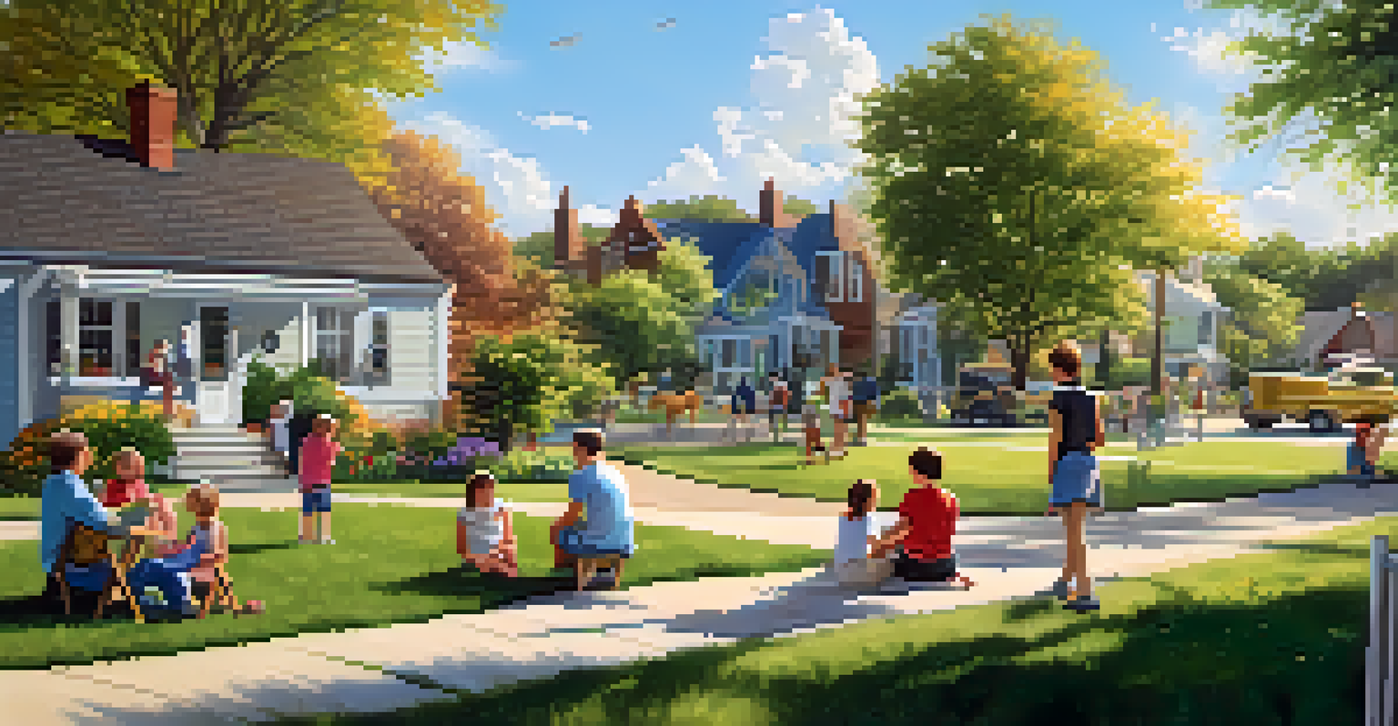 A sunny neighborhood park scene with families enjoying their day, children playing, and adults conversing near a charming house.