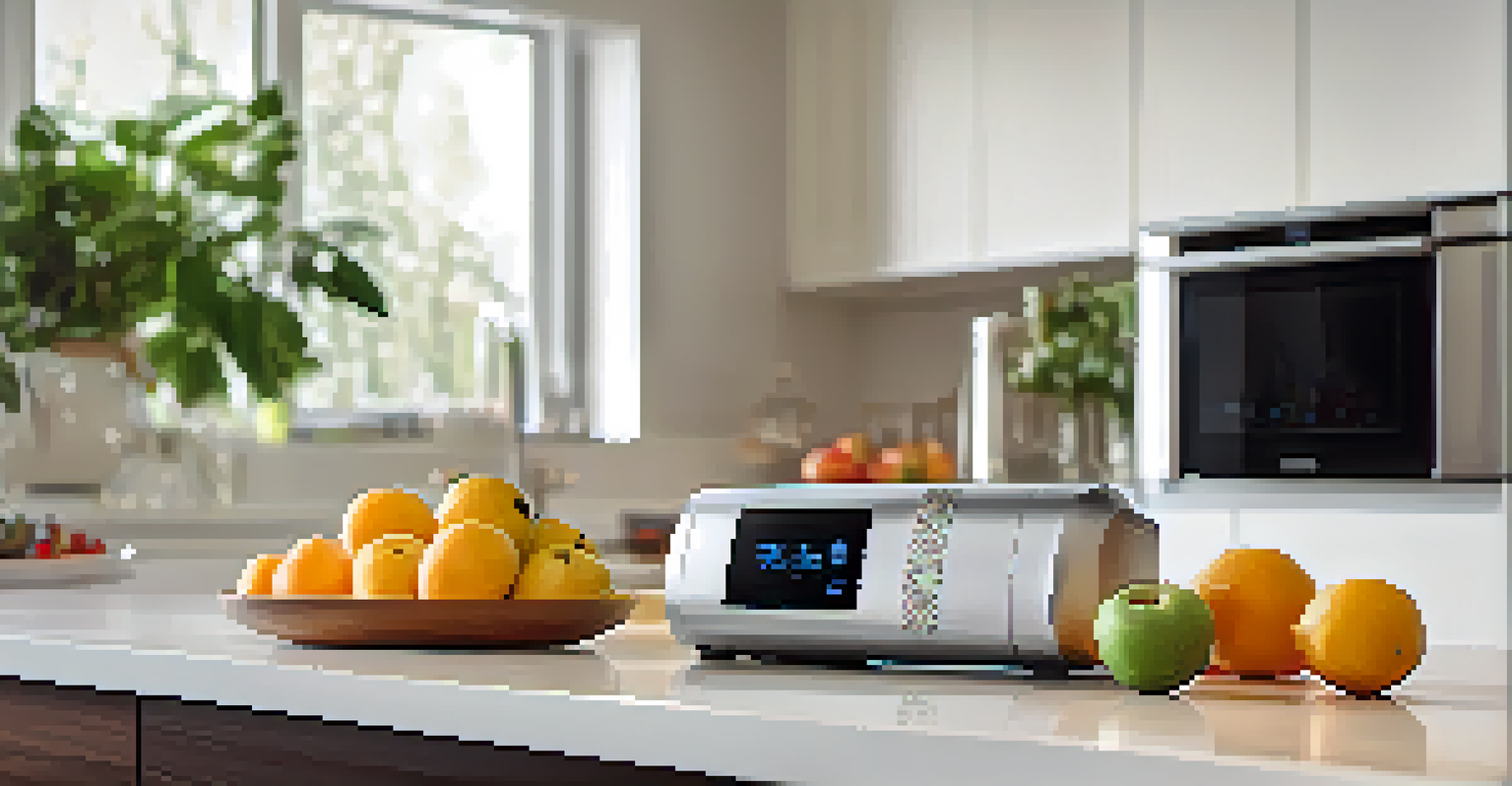 A smart thermostat displayed on a kitchen counter surrounded by modern appliances.