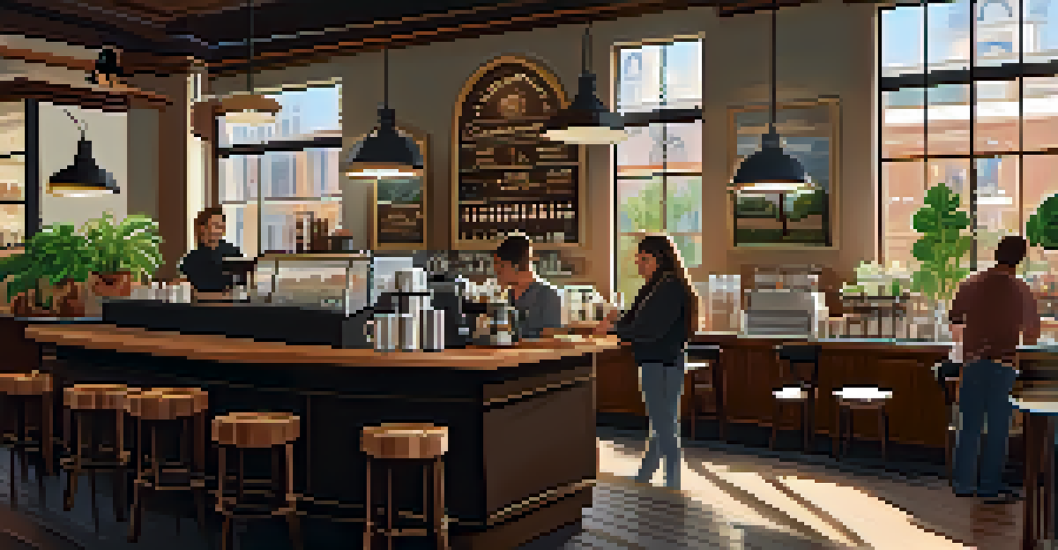A cozy coffee shop with warm lighting, customers, and a barista making coffee.