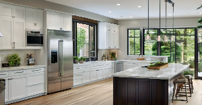 A spacious, modern kitchen with white cabinets, a large island, and bright natural light coming in through big windows.