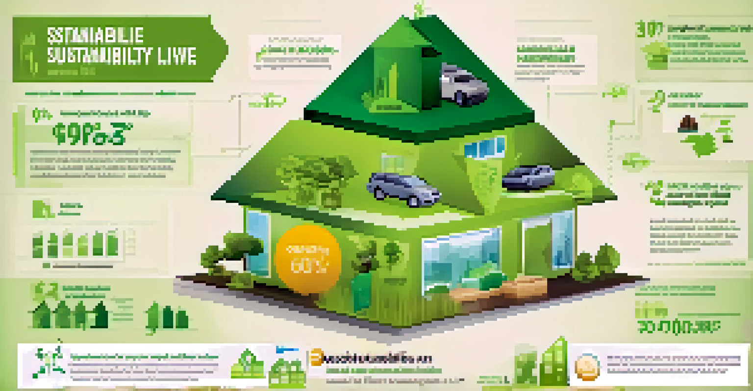 An infographic showing the benefits of sustainable living with icons for energy-efficient appliances and green roofs on a green background.